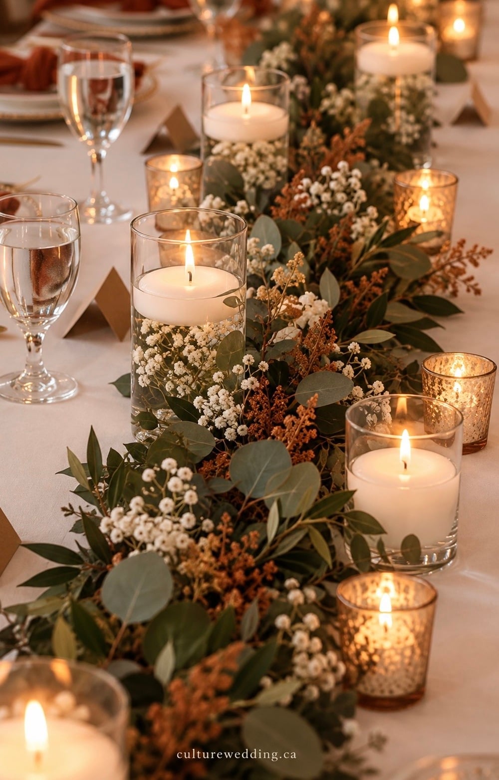 Eucalyptus wedding centerpiece ideas for fall weddings with soft greenery and timeless seasonal style. Find eucalyptus wedding decor, fall wedding centerpieces, eucalyptus table arrangements, autumn wedding table decor, greenery wedding centerpieces, simple wedding table decorations, rustic fall wedding ideas, neutral wedding decor, eucalyptus garland wedding tables, candle wedding centerpieces, dried flower arrangements and earthy wedding colors. Perfect for a rustic, boho, garden, outdoor or elegant fall wedding reception with simple and romantic table decor.