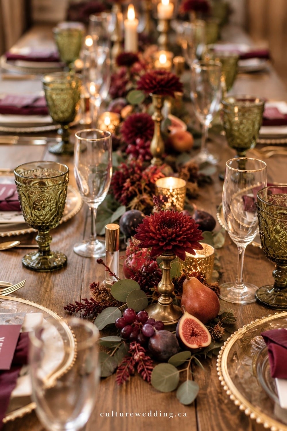 Fall wedding table decor with fruit for a colorful, romantic and seasonal autumn reception. Find fall wedding table decorations, fruit wedding centerpieces, autumn wedding centerpieces, fruit wedding decor, fall wedding ideas, rustic wedding table decor, colorful wedding tables, seasonal wedding decorations, apple wedding centerpieces, pear wedding decor, pomegranate wedding details, floral arrangements, greenery wedding decor and candlelit wedding tables. Perfect for a rustic, garden, outdoor or elegant fall wedding with warm seasonal colors and creative table settings.