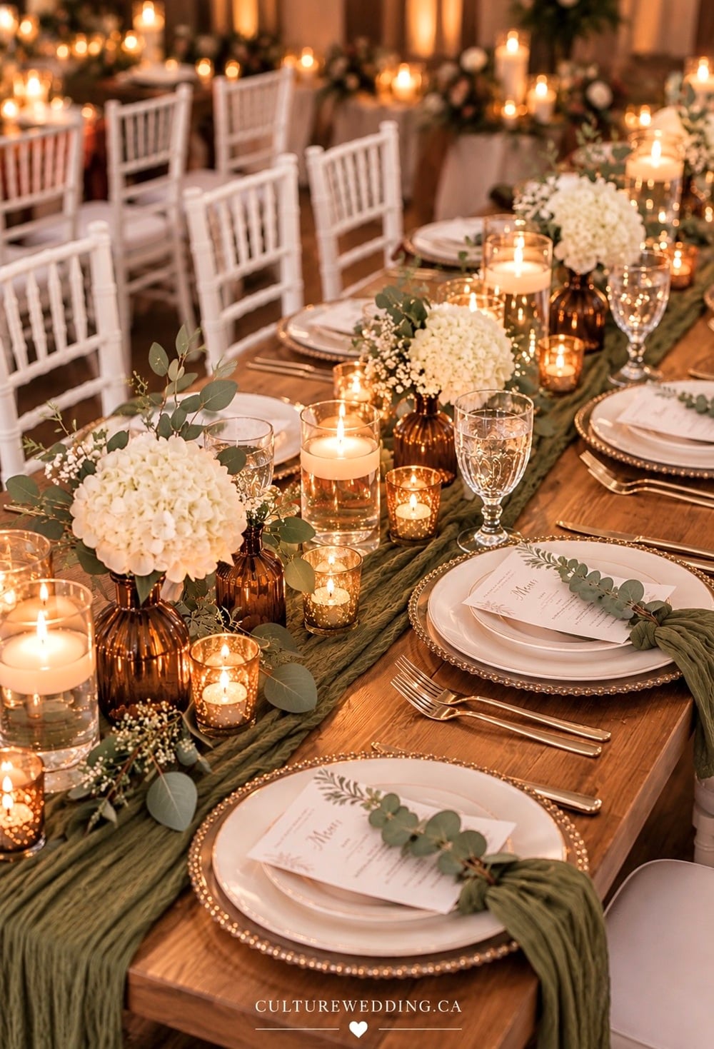 Fall wedding table ideas with a cheesecloth runner for a romantic, relaxed autumn reception. Find fall wedding table decor, cheesecloth wedding table runners, autumn wedding decorations, fall wedding centerpieces, rustic wedding table settings, boho wedding decor, neutral wedding colors, earthy wedding decor, dried flower arrangements, greenery wedding centerpieces, candle wedding decor, terracotta wedding ideas and cozy fall wedding decorations. Perfect for a rustic wedding, boho wedding, outdoor reception, barn wedding or intimate autumn celebration.