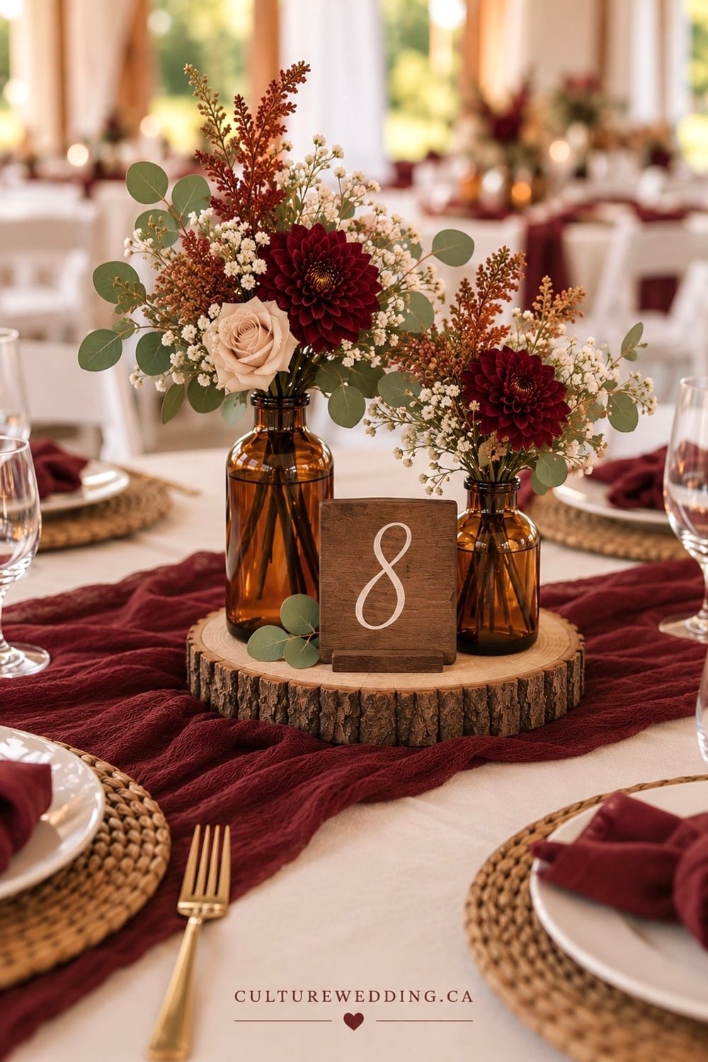 Fall wedding table decor with amber glass bud vases for a warm, romantic autumn reception. Find fall wedding table ideas, amber glass wedding decor, bud vase centerpieces, autumn wedding decorations, fall wedding centerpieces, rustic wedding table decor, orange and terracotta wedding colors, seasonal wedding flowers, dried flower arrangements, candlelit wedding tables, earthy wedding decor and elegant fall wedding ideas. Perfect for a cozy autumn wedding, rustic reception, farmhouse wedding or intimate fall celebration.