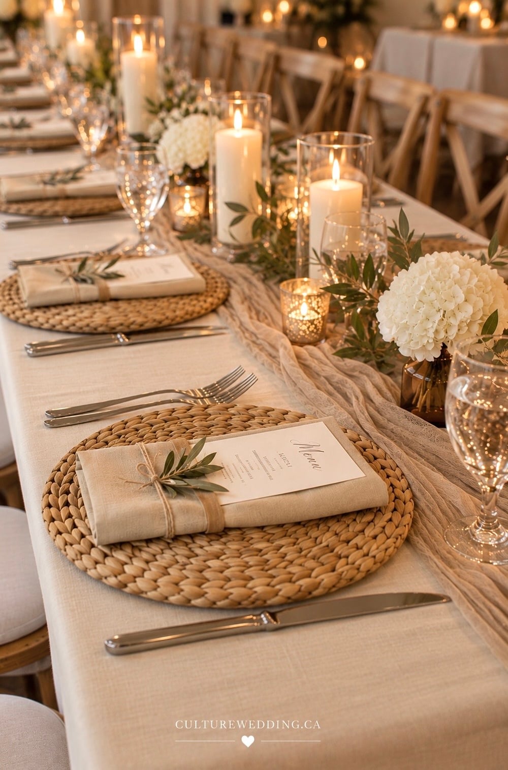 Fall wedding table decor ideas with neutral linens and simple centrepieces for a warm, elegant autumn reception. Find fall wedding table decorations, neutral wedding decor, simple wedding centrepieces, autumn wedding ideas, neutral wedding colours, minimalist wedding table decor, rustic wedding decorations, beige wedding decor, linen wedding table settings, greenery centrepieces, candle wedding decor, dried flower arrangements and elegant fall wedding ideas. Perfect for a rustic, minimalist, boho or intimate fall wedding reception.