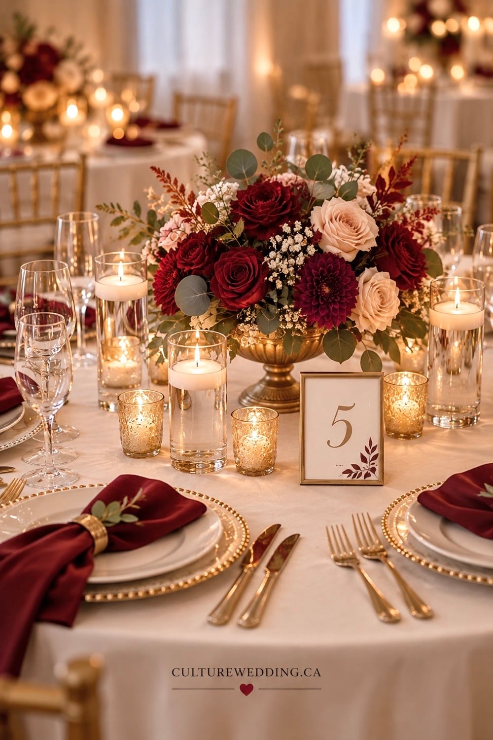 Burgundy and gold fall wedding table decor ideas for an elegant autumn wedding! Discover beautiful fall wedding centerpieces, burgundy wedding flowers, gold wedding table decorations, romantic candlelight, elegant wedding tablescapes, autumn wedding reception decor, and rustic fall wedding ideas. Perfect for October and November weddings, these burgundy and gold wedding table ideas are stylish, romantic, cozy, and easy to recreate on a budget.