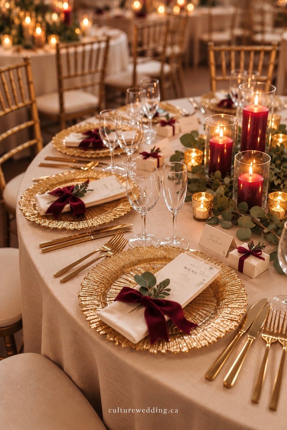 Fall wedding tables with gold details for a warm, elegant and romantic autumn reception. Find fall wedding table decor, gold wedding table decorations, gold wedding centerpieces, autumn wedding decor, elegant fall wedding ideas, gold and white wedding decor, rustic elegant wedding tables, candle wedding centerpieces, neutral fall wedding colors, seasonal floral arrangements, gold place settings, elegant tableware and luxurious wedding details. Perfect for a fall wedding, outdoor reception, rustic celebration or sophisticated autumn wedding theme.