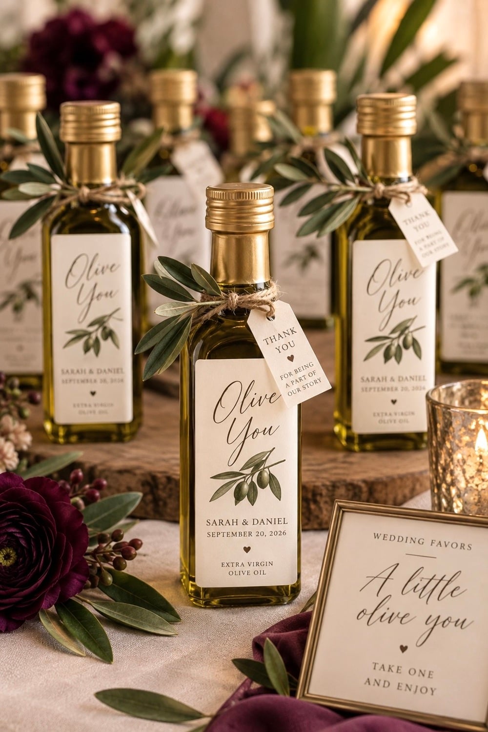 Transform your wedding with elegant olive oil wedding favors—a timeless choice that blends tradition with taste! Perfect for rustic, Mediterranean, or eco-friendly themes, these customizable mini bottles of premium olive oil make a unique, appreciated gift for guests. Personalize with your wedding date or a special message. Ideal for a DIY touch, these favors are not only beautiful but also practical and sustainable, ensuring your wedding stands out. Discover how these chic favors can add a touch of sophistication to your special day. #WeddingInspiration #EcoFriendlyFavors #OliveOilGifts
