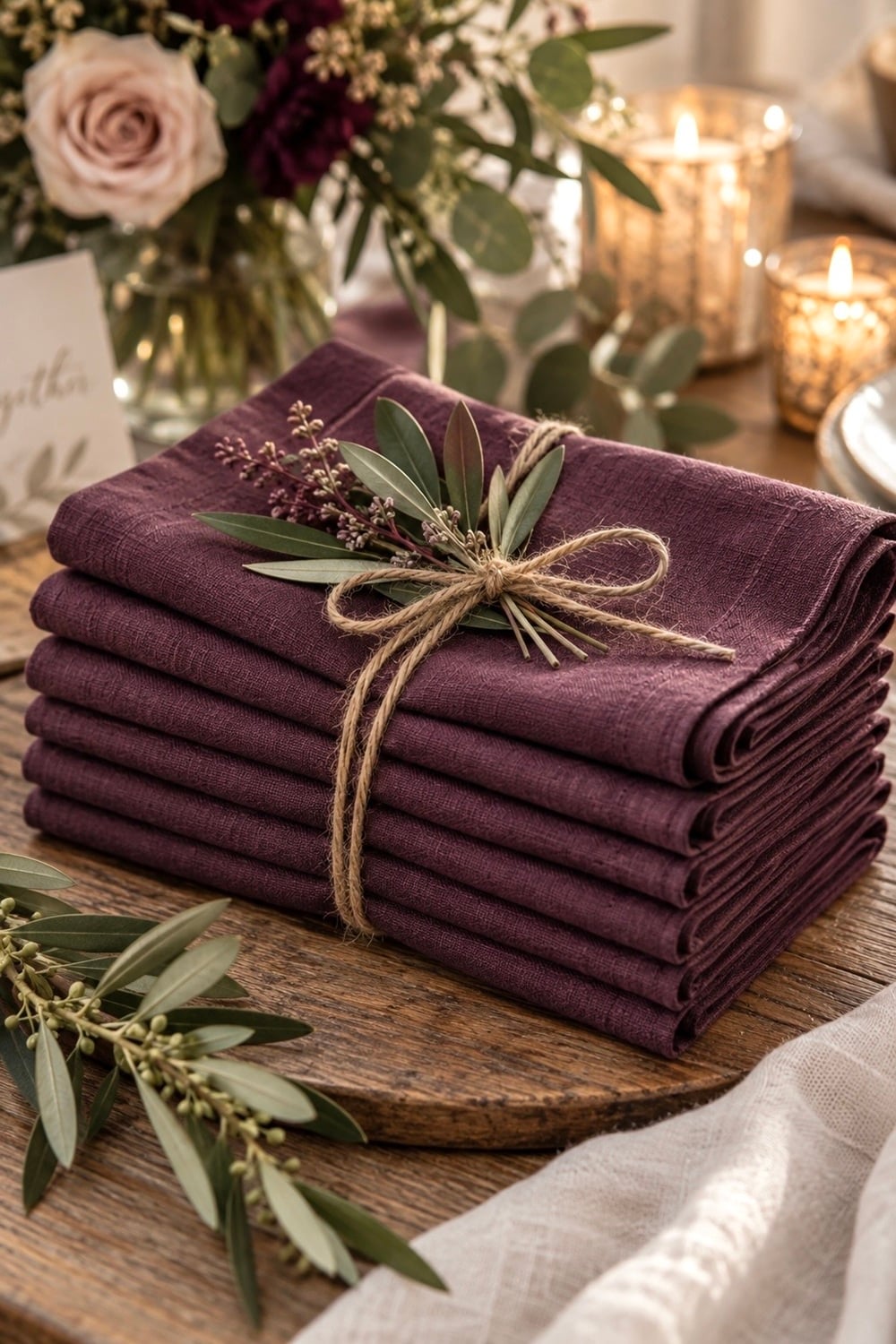 Add a touch of elegance to your special day with these stunning plum wedding napkins. Perfect for a romantic and sophisticated table setting, these napkins bring a luxurious pop of colour to any wedding theme. Whether you're planning a vintage, rustic, or modern celebration, these napkins will complement your decor beautifully. Find more ideas for: plum wedding decor, luxury napkins, elegant wedding tableware. Save this pin to your wedding planning board for inspiration and elevate your reception with these charming napkins! 💜 #WeddingInspiration #ReceptionDecor #ElegantTablesetting