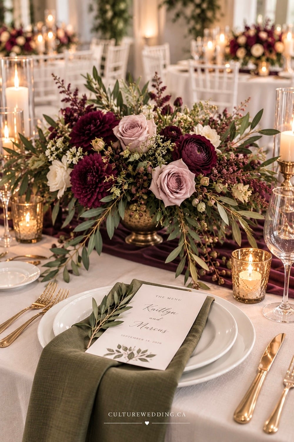Transform your wedding reception with an elegant plum table setting that exudes sophistication and charm. This stunning color palette blends deep purples with soft lavender tones, creating a romantic and inviting atmosphere. Perfect for fall or winter weddings, a plum theme pairs beautifully with gold accents and lush greenery. Discover how plum napkins, table runners, and floral arrangements can bring your vision to life. Add touches of rustic elegance with wooden decor and candlelight. #PlumWedding #ElegantTableSetting #WeddingInspiration #PurpleWedding #FallWeddingIdeas.