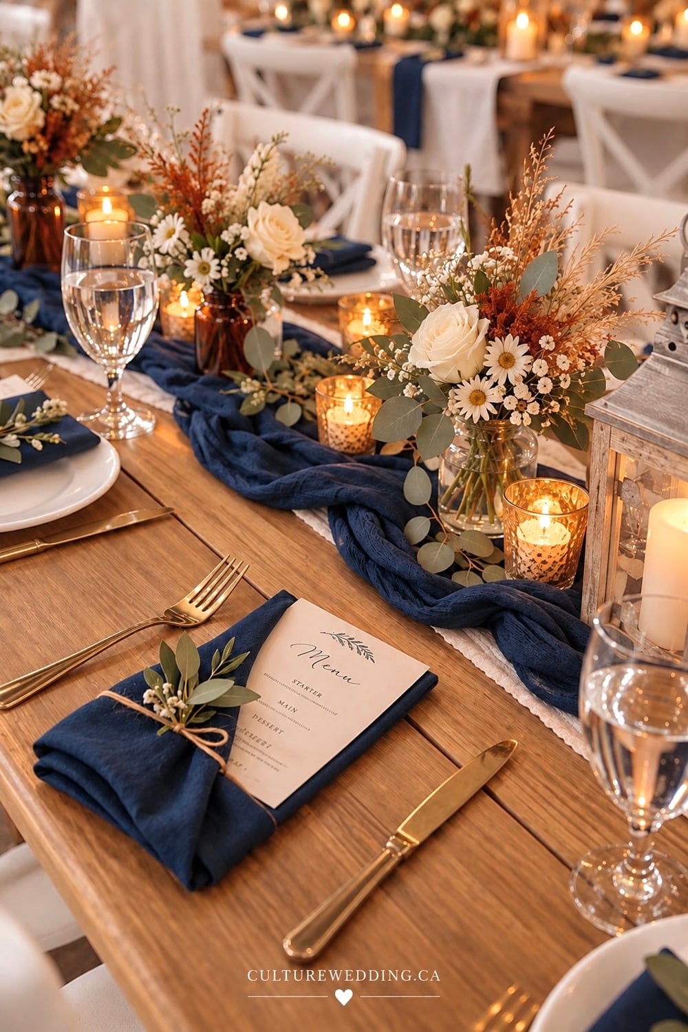 Planning a stylish autumn wedding? 🍂💙 Discover navy and rust fall wedding tables featuring rich navy blue, warm rust tones, ivory details, greenery, candles and elegant seasonal accents. This sophisticated fall wedding color palette is perfect for rustic, elegant, romantic and outdoor weddings. Get inspired by these autumn wedding tablescape ideas, fall wedding centerpieces, navy blue wedding decor and rust wedding decorations. Save these beautiful fall reception table ideas for your wedding inspiration!