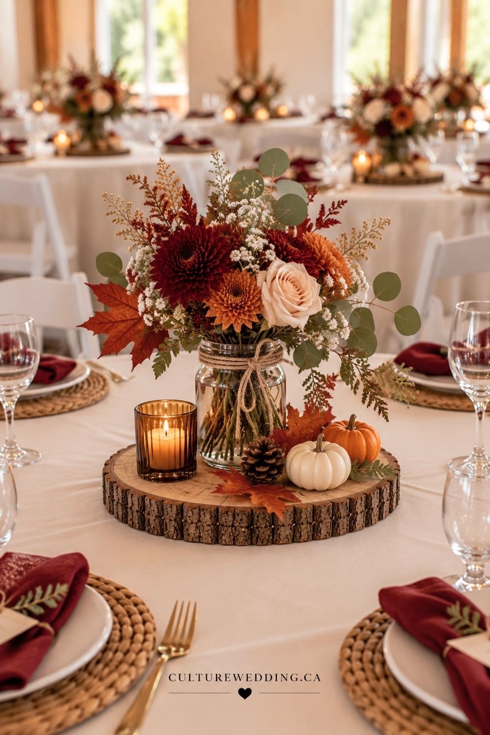 Rustic fall wedding tables with wooden details for a warm, cozy and romantic autumn reception. Find rustic fall wedding decor, fall wedding table ideas, wooden wedding table decor, rustic wedding centerpieces, autumn wedding decorations, farmhouse wedding ideas, fall wedding colors, wood wedding details, greenery wedding decor, dried flower centerpieces, candles, burlap table runners and earthy wedding decorations. Perfect for a barn wedding, outdoor wedding, country wedding or cozy fall wedding reception.