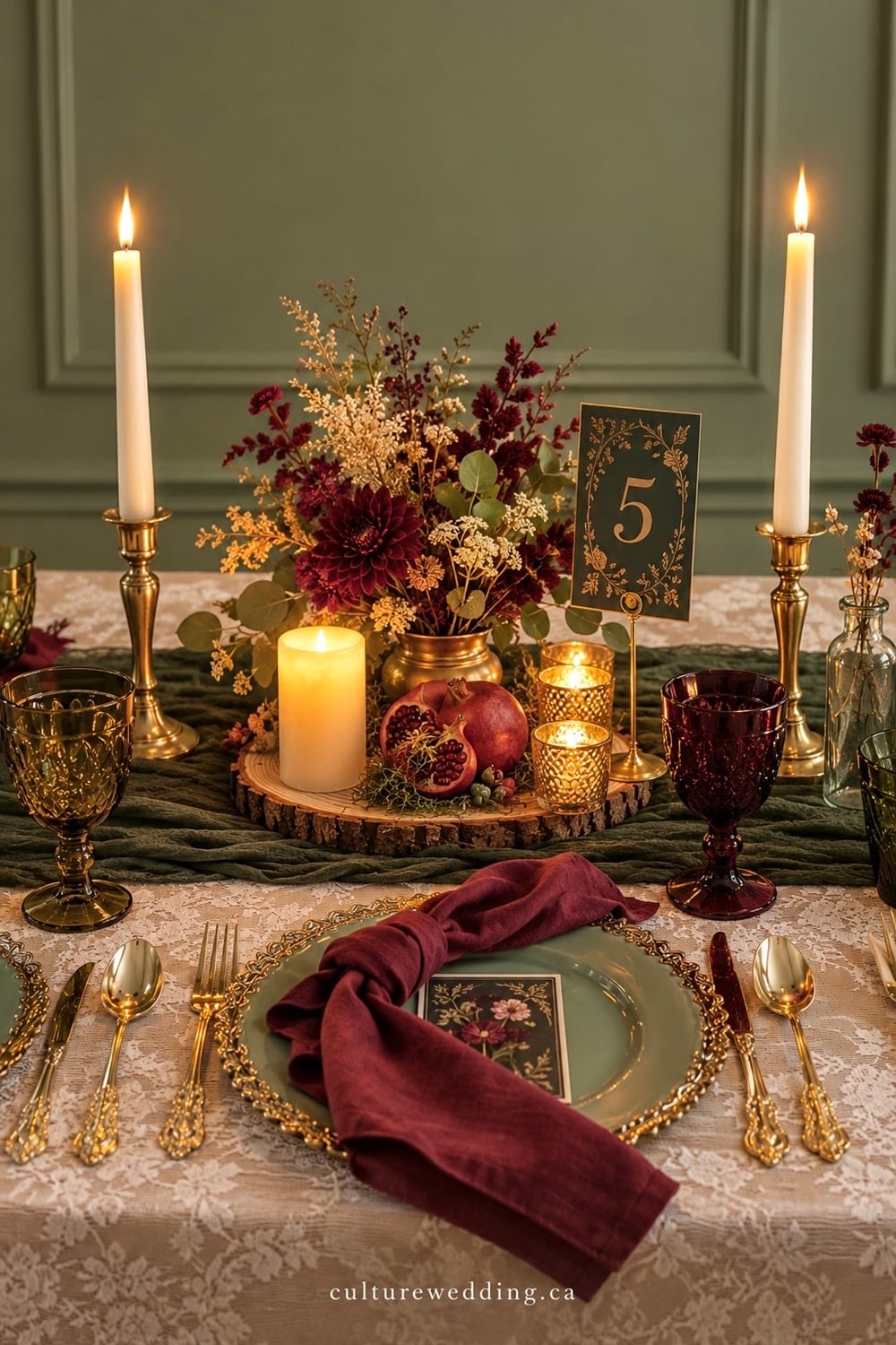 Sage green and burgundy wedding table ideas for a romantic and elegant fall wedding reception. Find sage green wedding decor, burgundy wedding decorations, sage green and burgundy wedding colours, fall wedding table decor, autumn wedding centrepieces, burgundy wedding centrepieces, greenery wedding decor, eucalyptus wedding tables, rustic wedding table settings, floral wedding arrangements, candle wedding decor and earthy wedding colours. Perfect for a fall wedding, rustic reception, outdoor wedding, garden wedding or elegant autumn celebration.