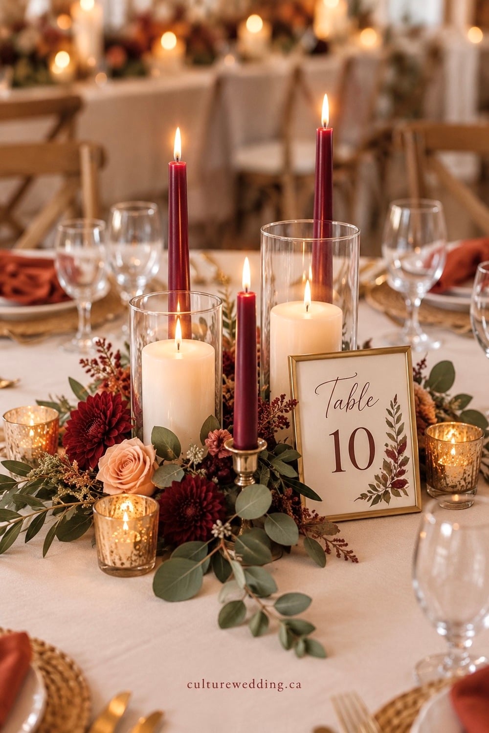 Simple fall wedding table ideas with candles and greenery for a warm, romantic autumn reception. Find simple wedding table decor, fall wedding decorations, fall wedding centerpieces, greenery wedding decor, candle wedding centerpieces, autumn wedding table settings, rustic wedding decor, neutral fall wedding ideas, eucalyptus wedding decor, seasonal wedding flowers, cozy wedding table ideas and elegant fall wedding decorations. Perfect for a rustic wedding, outdoor reception, barn wedding, intimate celebration or simple fall wedding.