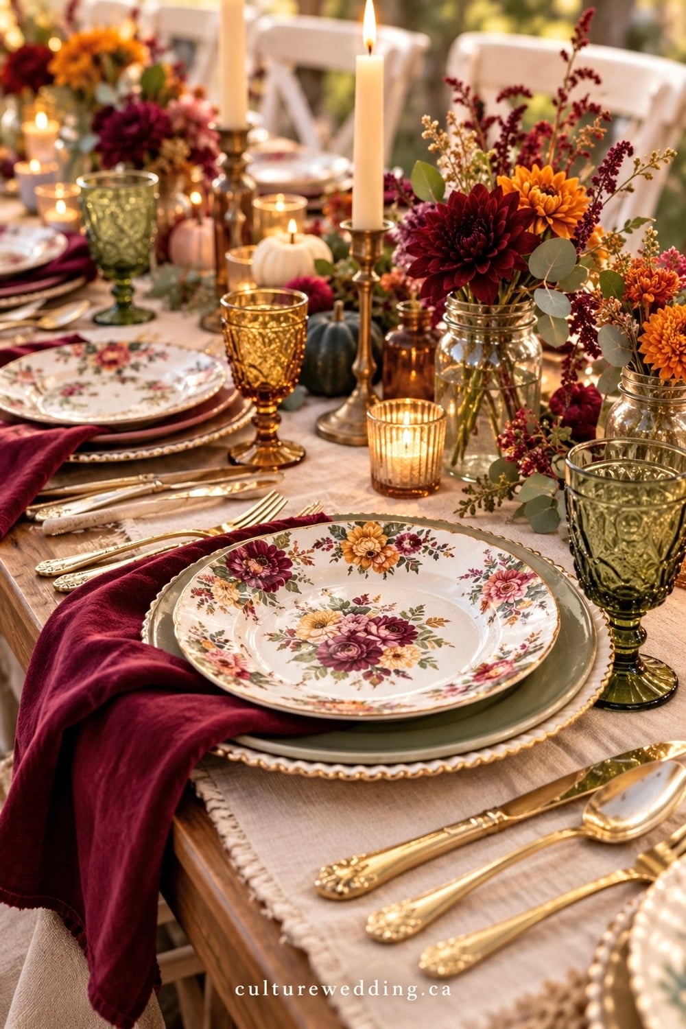 thrifted fall wedding table decor, thrifted wedding decor ideas, mix and match wedding table decor, vintage fall wedding tablescape, thrift store wedding centerpieces, budget fall wedding decor, affordable wedding table decorations, DIY fall wedding table ideas, vintage wedding table decor, mismatched wedding table decor, eclectic wedding tablescape, rustic fall wedding centerpiece, secondhand wedding decor, antique wedding table decorations, thrifted wedding centerpiece ideas, fall wedding on a budget, cozy autumn wedding tables, vintage glassware wedding decor, mismatched candle holders, thrifted vases wedding centerpiece