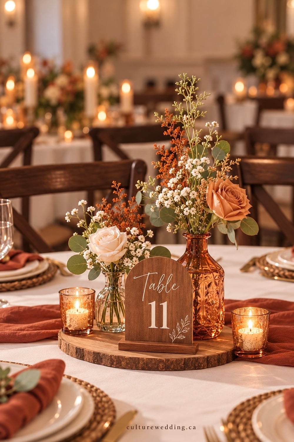 Vintage bottle fall wedding table centerpiece ideas for a charming, romantic autumn reception. Find vintage wedding table decor, fall wedding centerpieces, vintage bottle wedding decor, antique bottle centerpieces, autumn wedding decorations, rustic wedding table ideas, thrifted wedding decor, floral bottle arrangements, dried flower centerpieces, greenery wedding decor, candle wedding tables, amber glass wedding decor and vintage wedding ideas. Perfect for a rustic, farmhouse, boho or intimate fall wedding with cozy, timeless reception details.